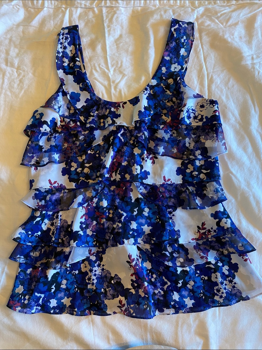 White House Black Market Bold Blue Floral Tiered Ruffle Tank Blouse